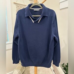 Talbots Navy Knit Polo Sweater L / XL 100% Cotton Long Sleeve Collared